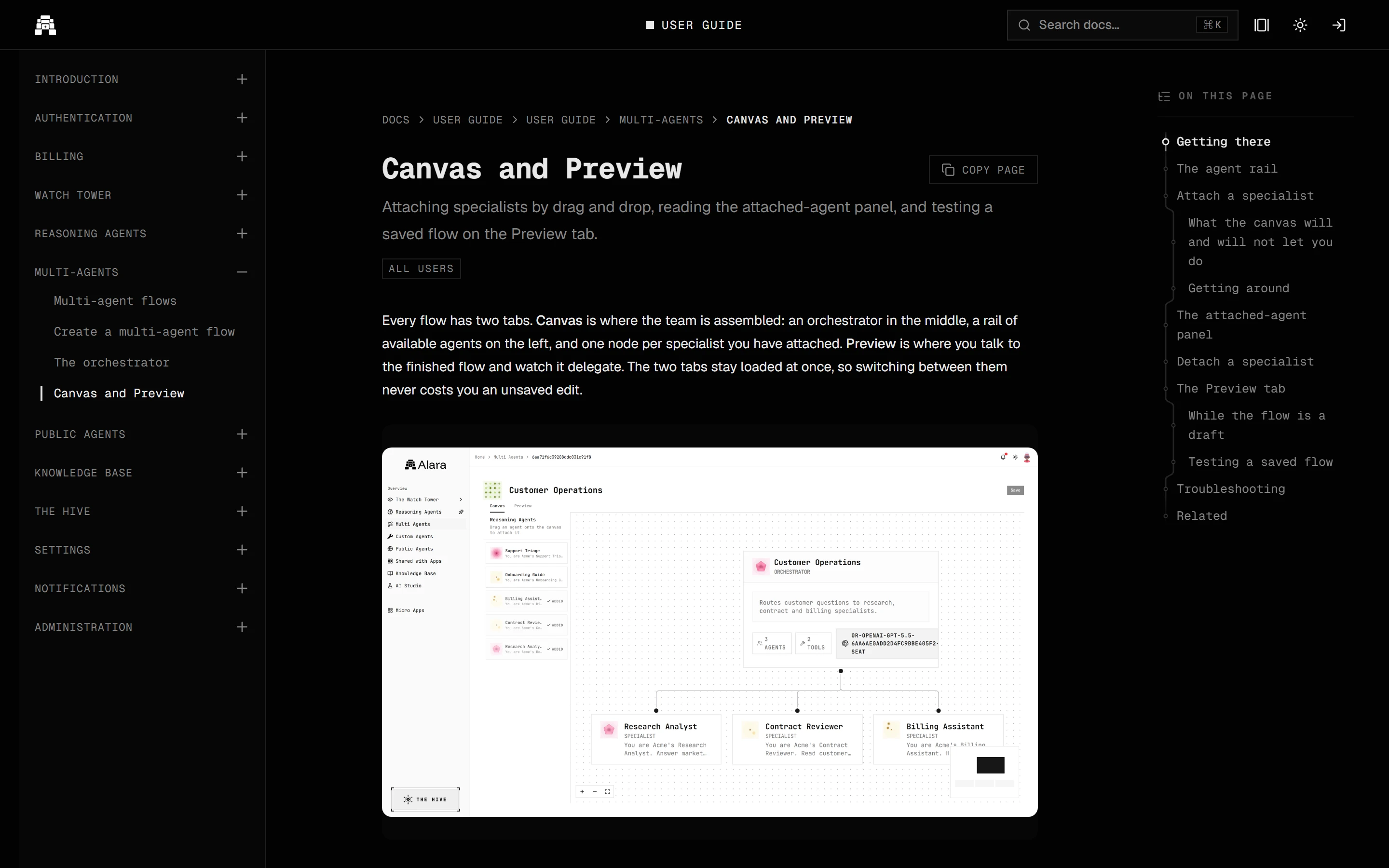The same guide page in the dark theme.