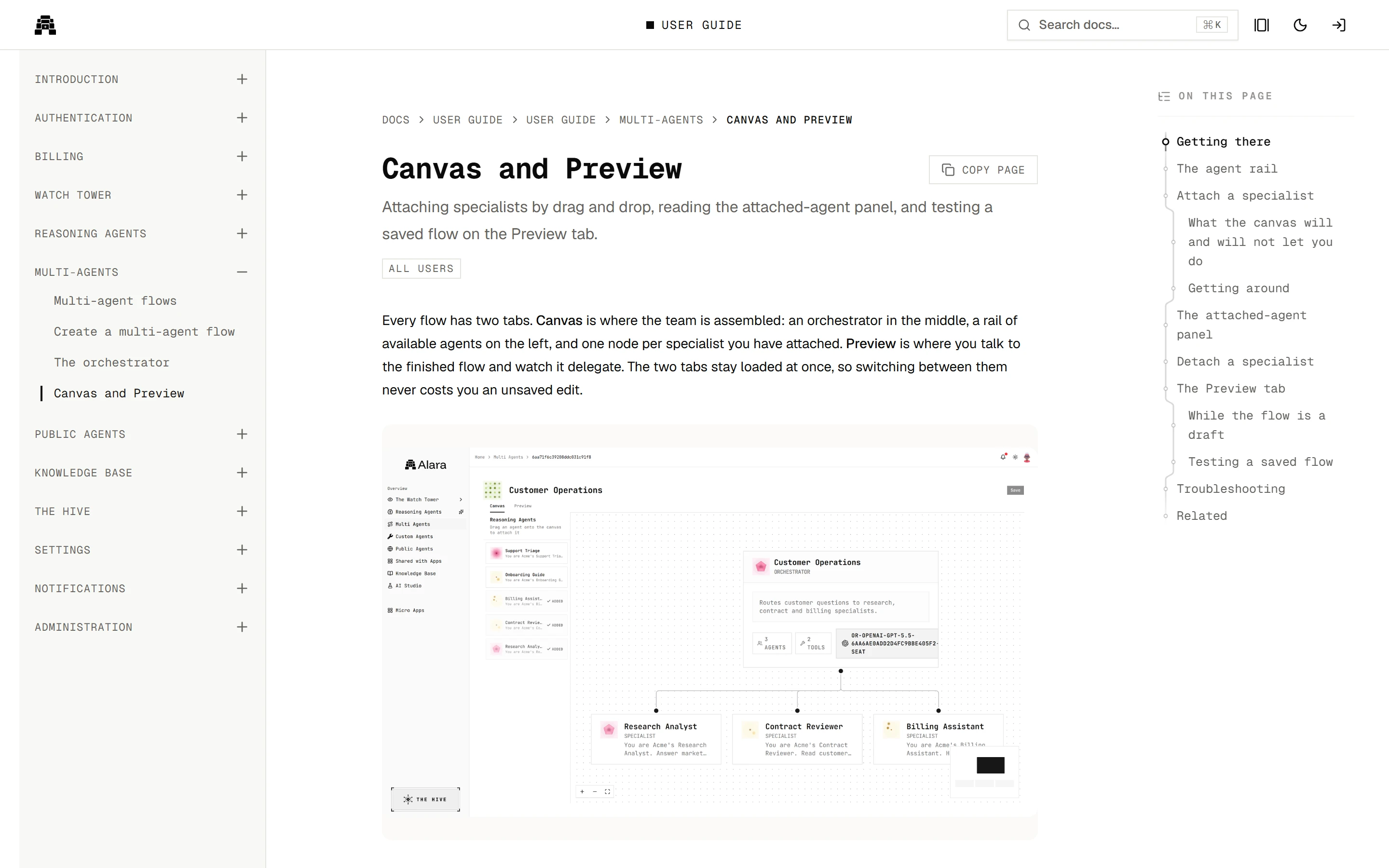 A user guide page, “Canvas and Preview”, with the module sidebar, an outline of the page and a screenshot of the multi-agent canvas.