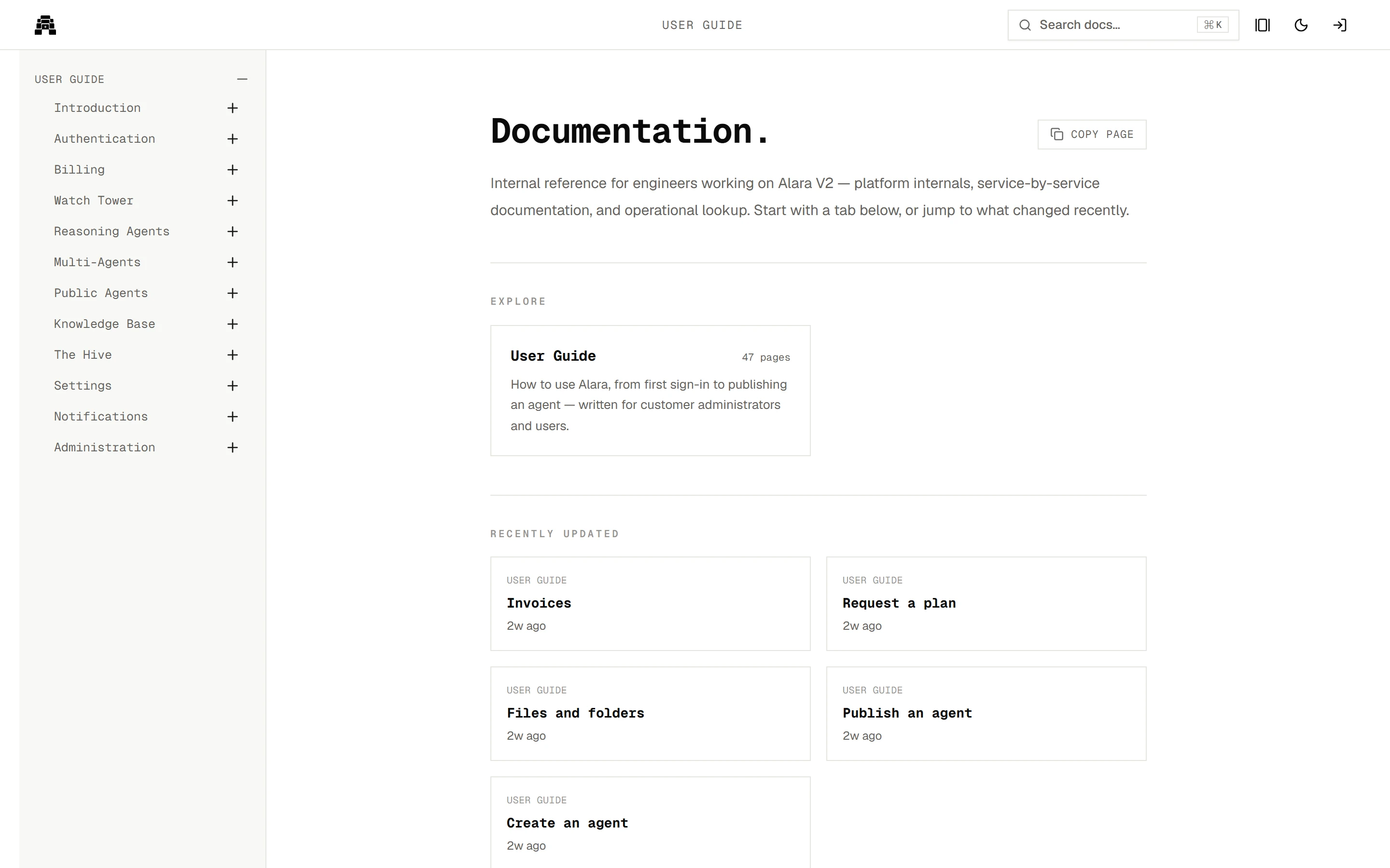 The Alara Docs home page: a “Documentation.” heading, a User Guide card, recently updated pages and the guide’s modules in the sidebar.