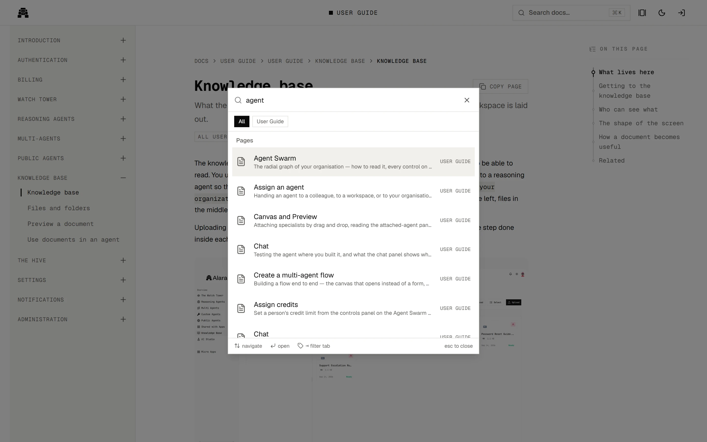 The search box open over a guide page, listing the pages that match “agent”.