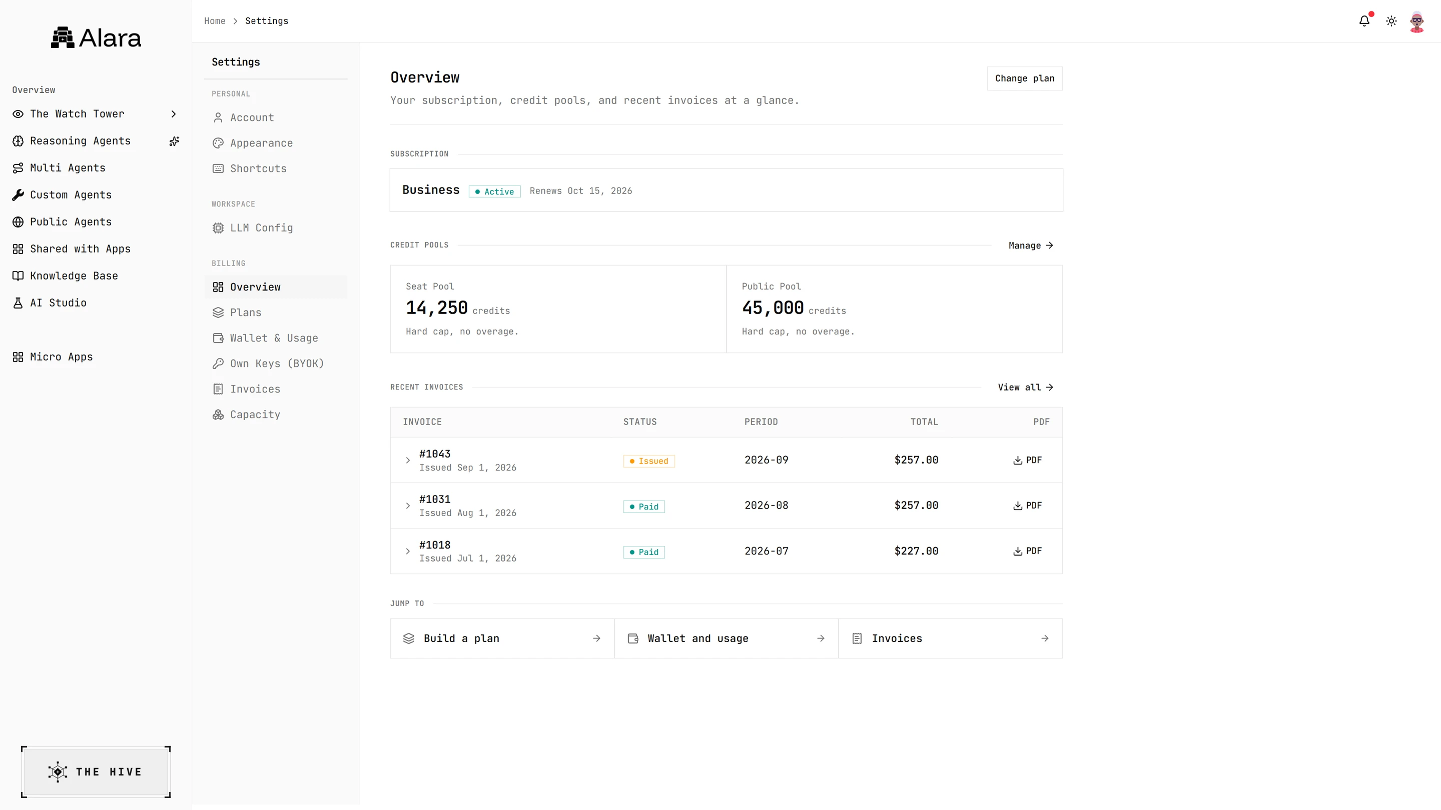 The billing overview: the active Business plan, two pools of credits and recent invoices with PDF downloads.