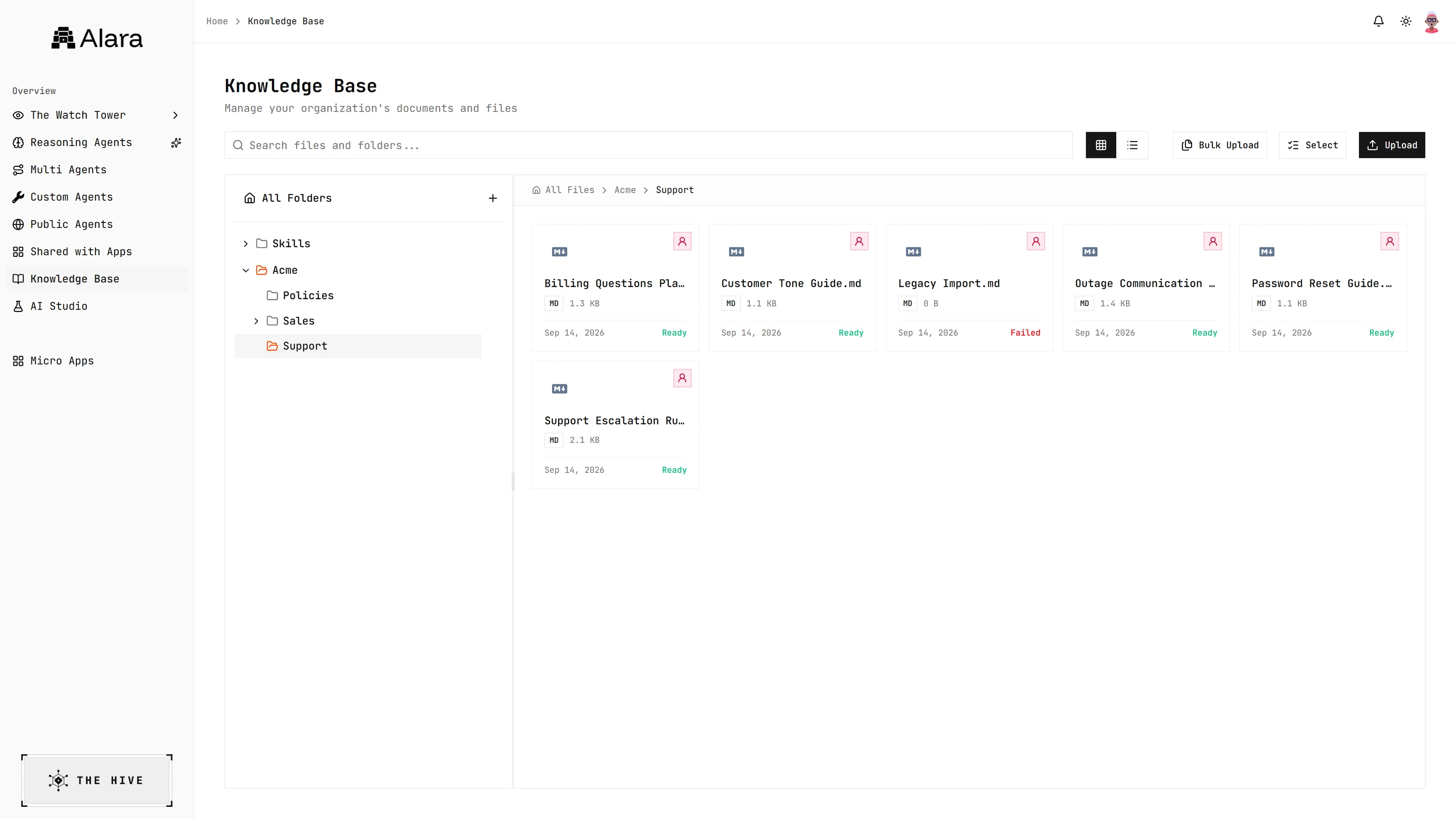 The knowledge base: a folder tree beside a grid of documents, each with its size, date and a Ready or Failed status.