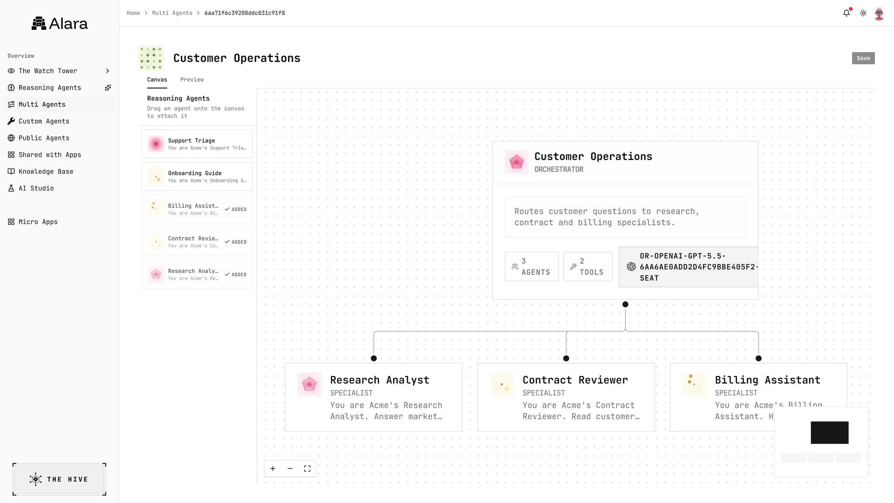 The multi-agent builder: a Customer Operations orchestrator on a dotted canvas, wired to three specialist agents, with the available agents listed on the left.