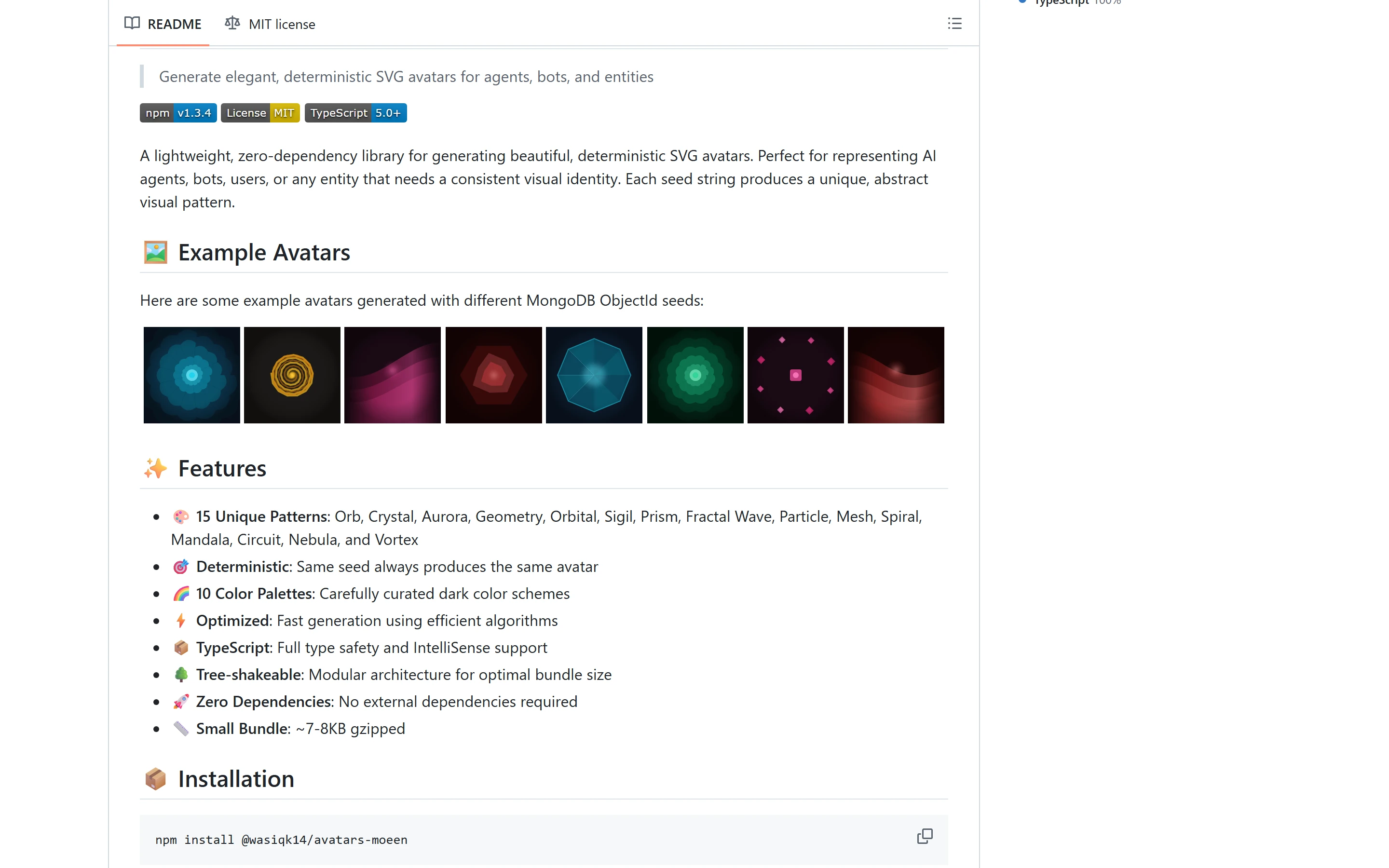 The package’s GitHub README: a one-line description, version badges, a row of eight colorful generated avatars, and the feature list.