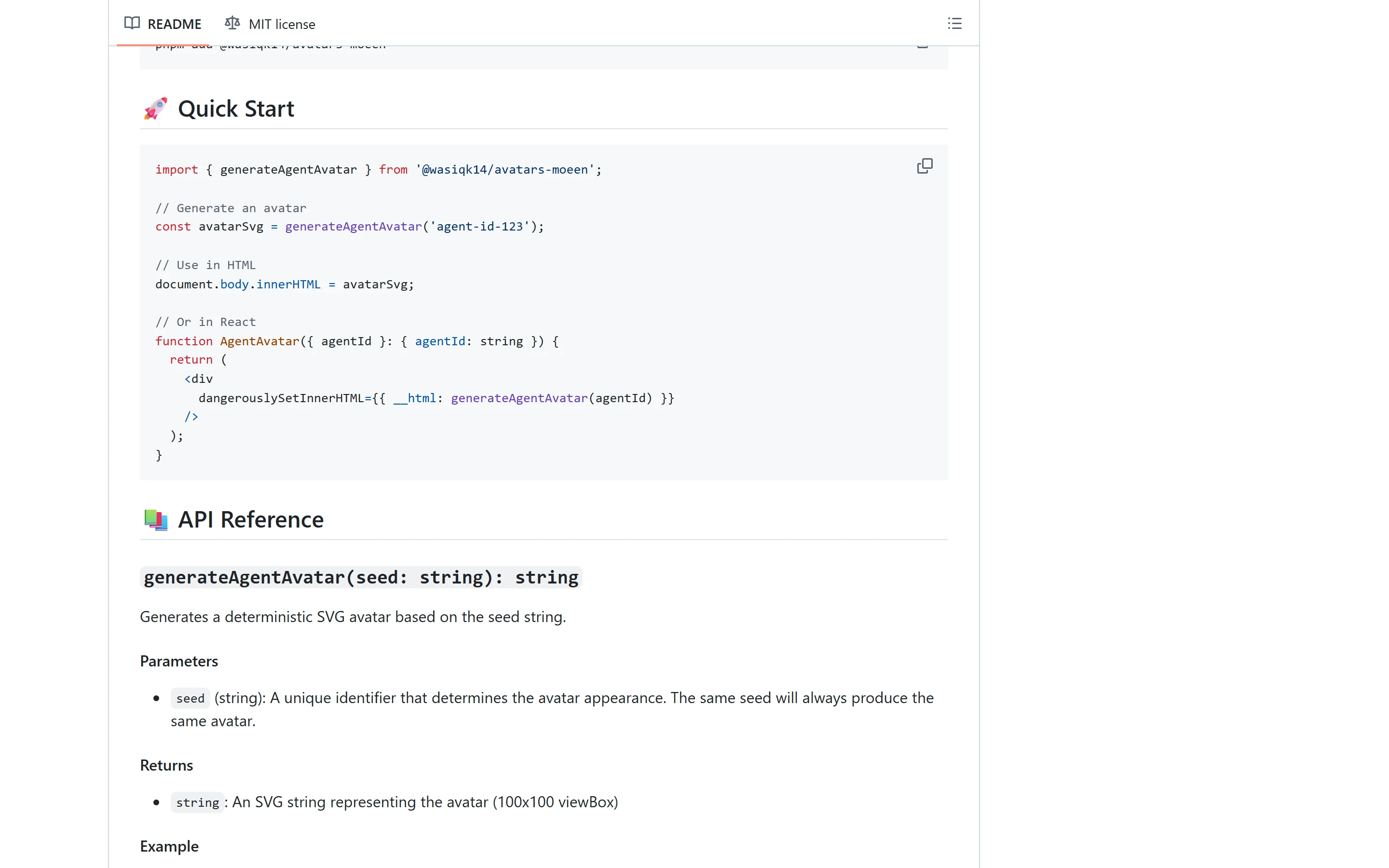 README quick start: import generateAgentAvatar, create an SVG from a seed, and render it in HTML or React, followed by the API reference.