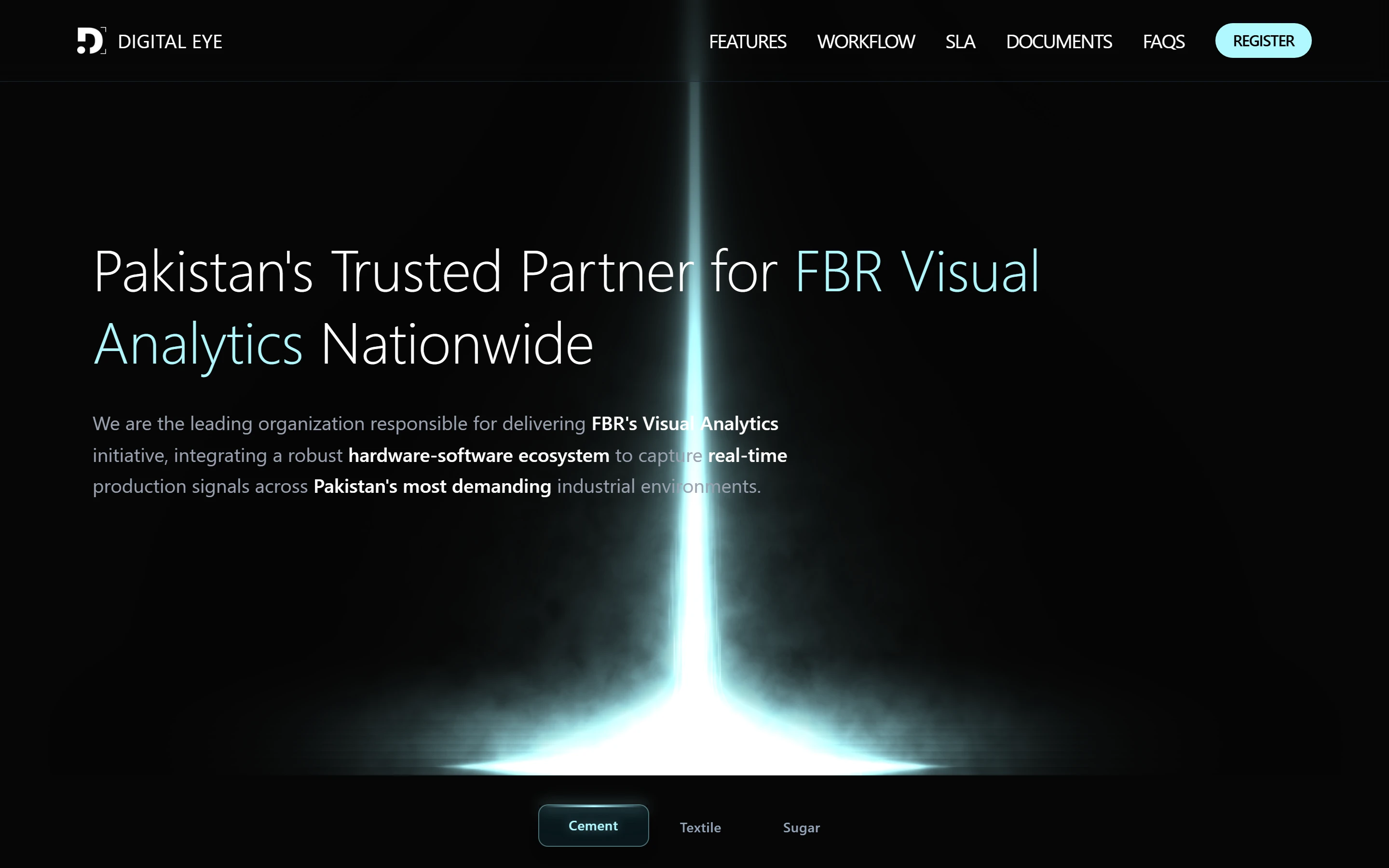 The Digital Eye home page: a beam of light on a dark background behind the headline “Pakistan’s Trusted Partner for FBR Visual Analytics Nationwide”.