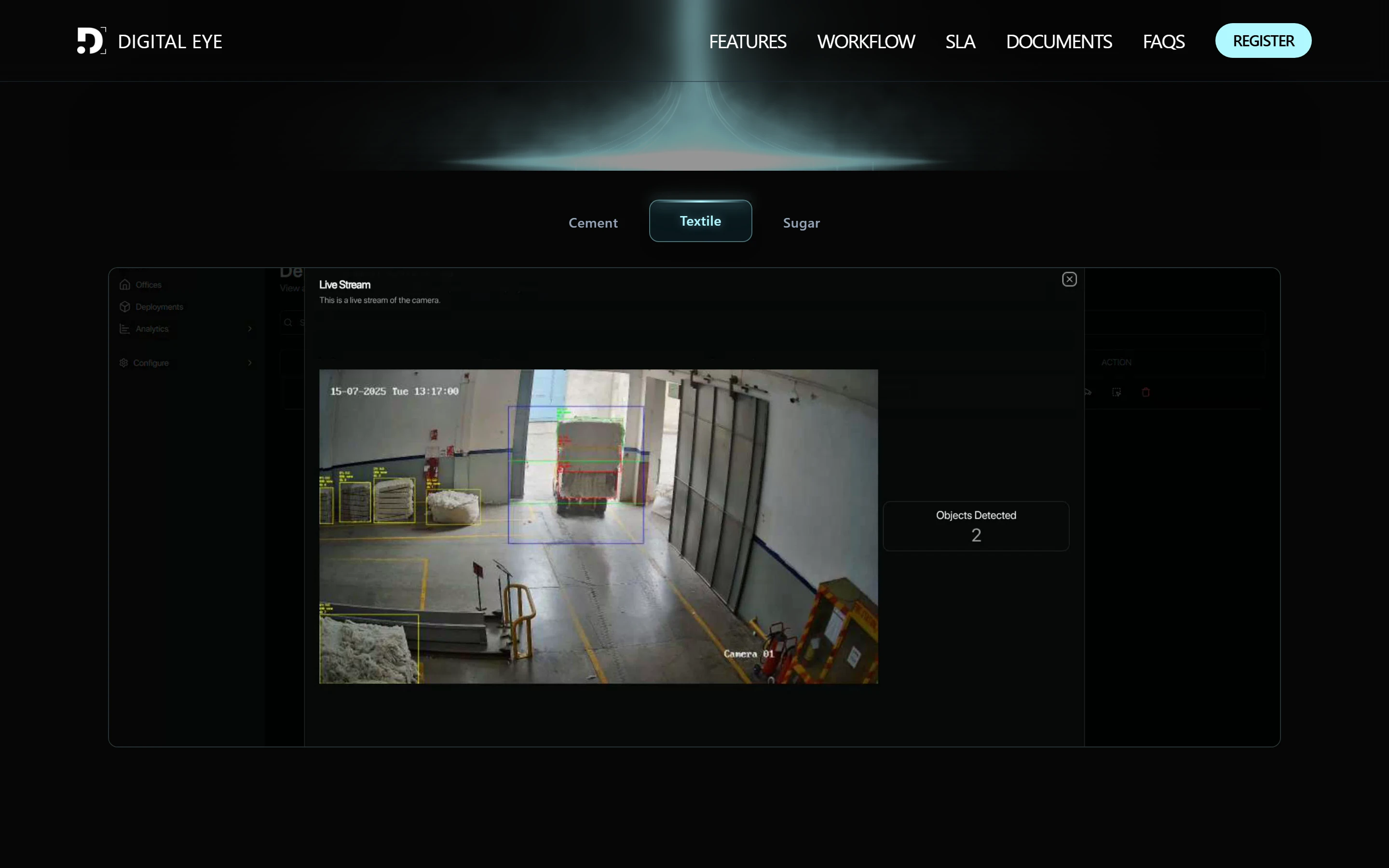 The Textile tab: a warehouse camera feed with AI boxes drawn around bales and a truck.