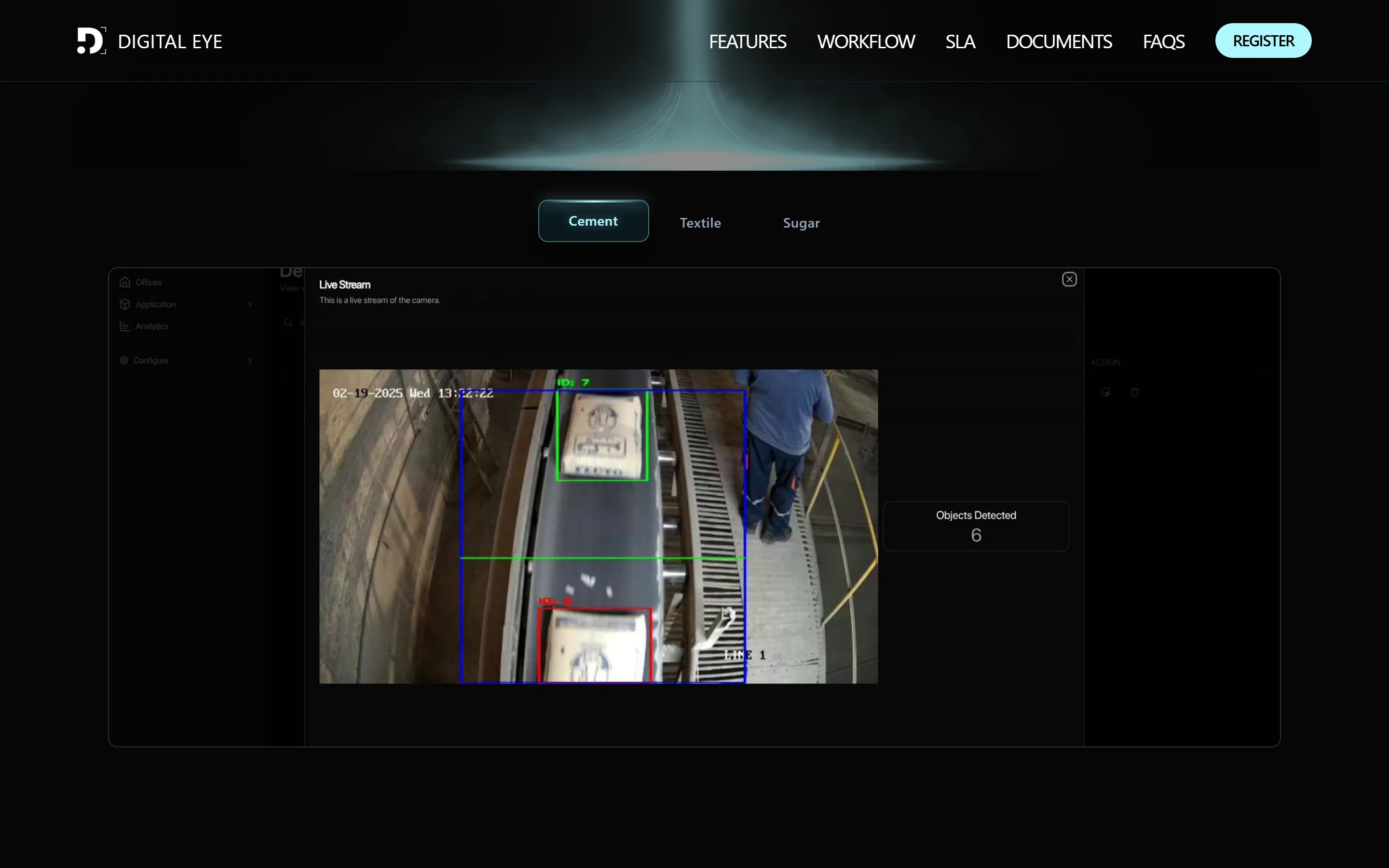 The Cement tab: a factory camera feed where AI boxes count bags moving on a conveyor, next to a count of six objects detected.