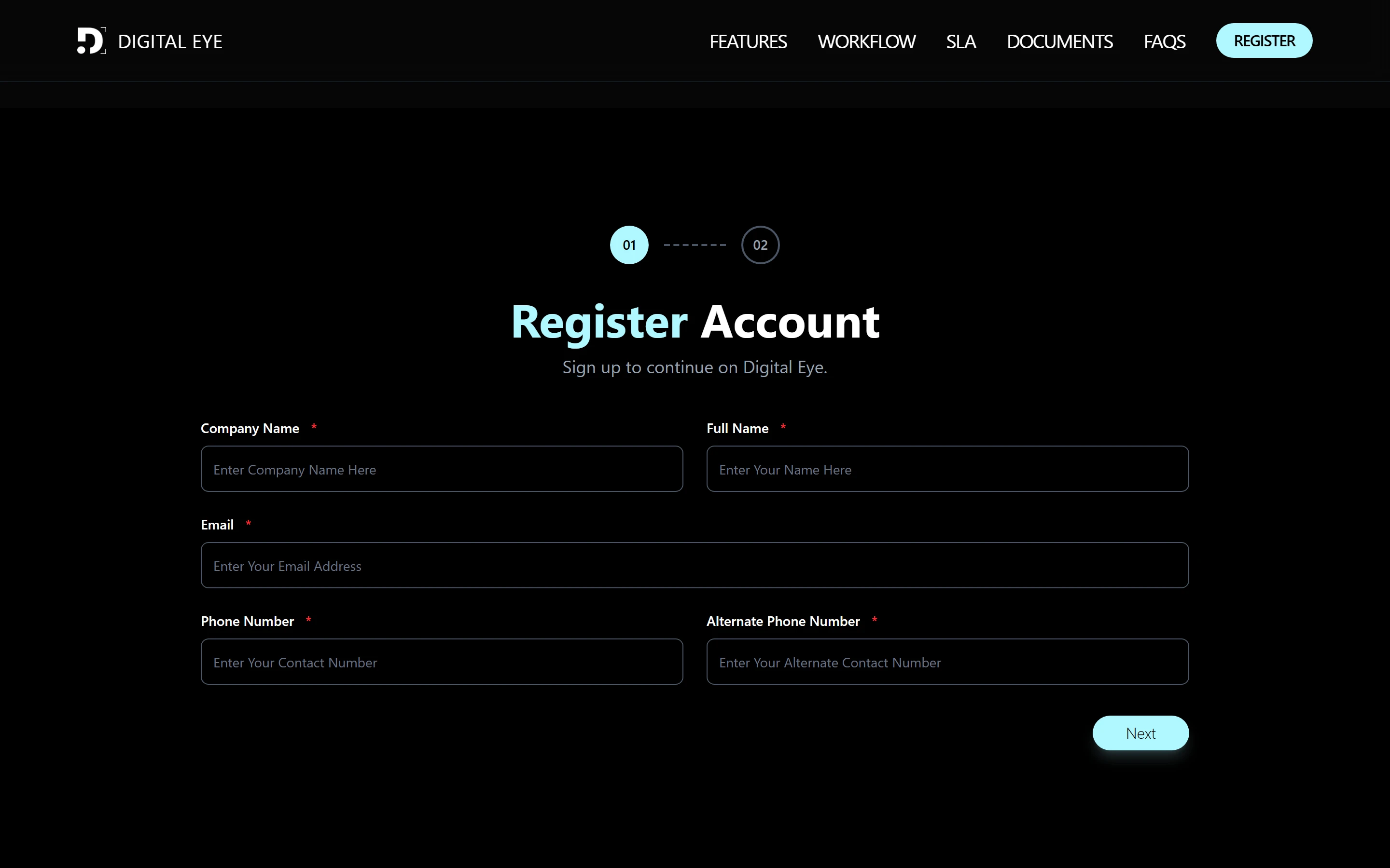 The first step of the factory registration form, asking for the company name, a contact name, an email and two phone numbers.