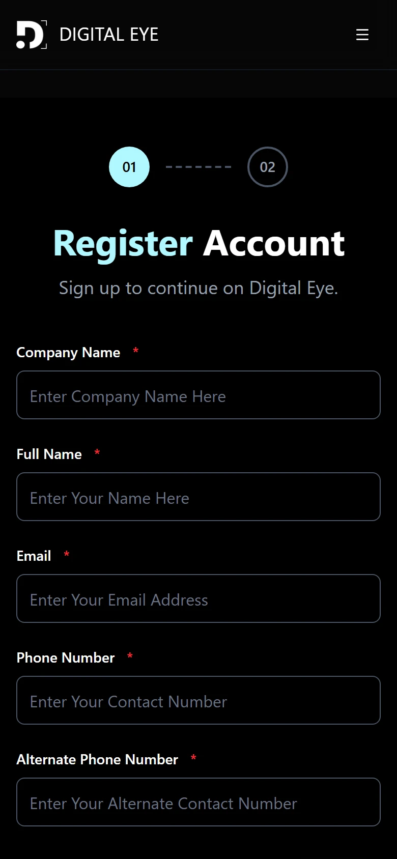 The registration form on a phone.