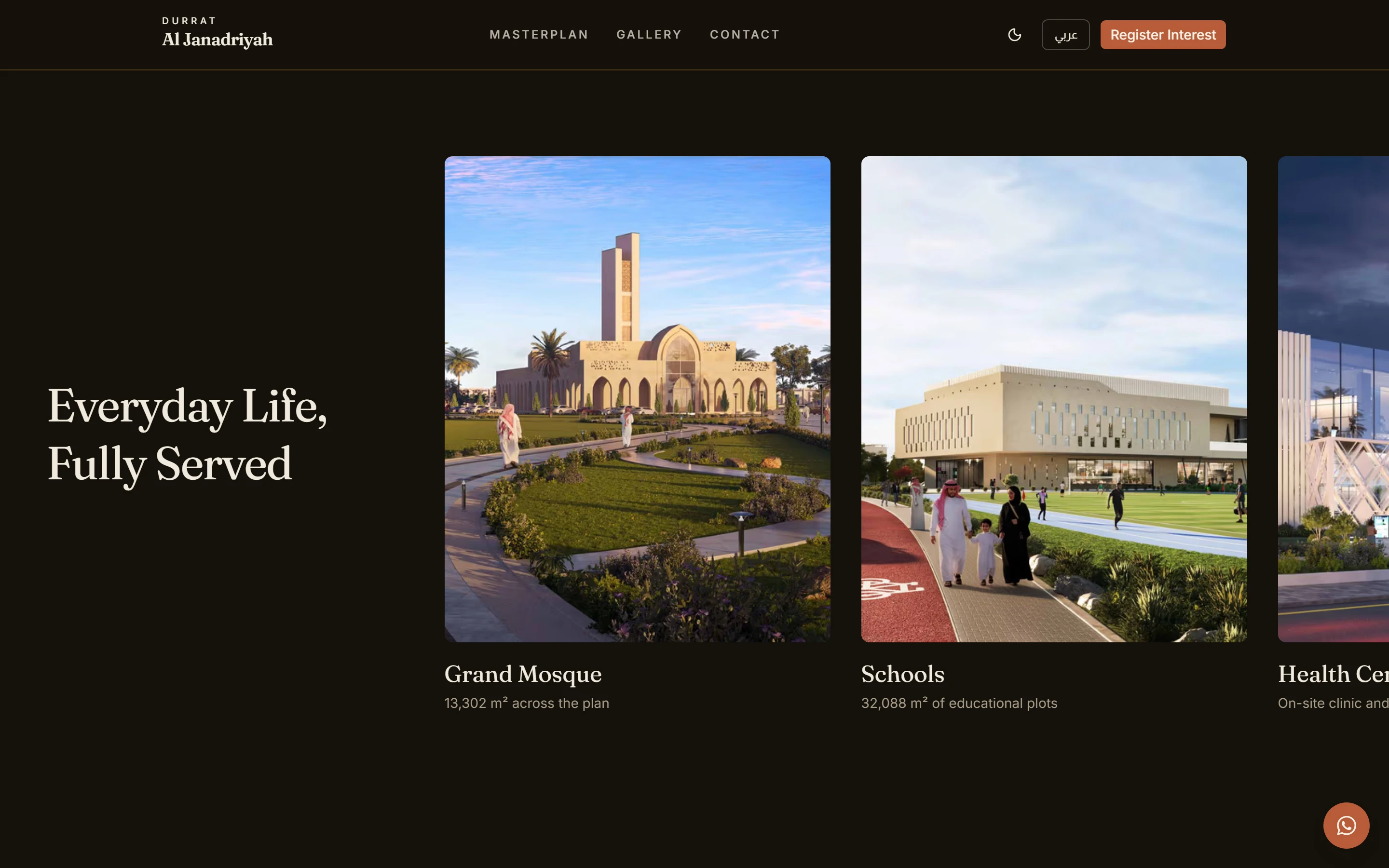 The amenities reel in the dark theme, showing the Grand Mosque and schools under “Everyday Life, Fully Served.”