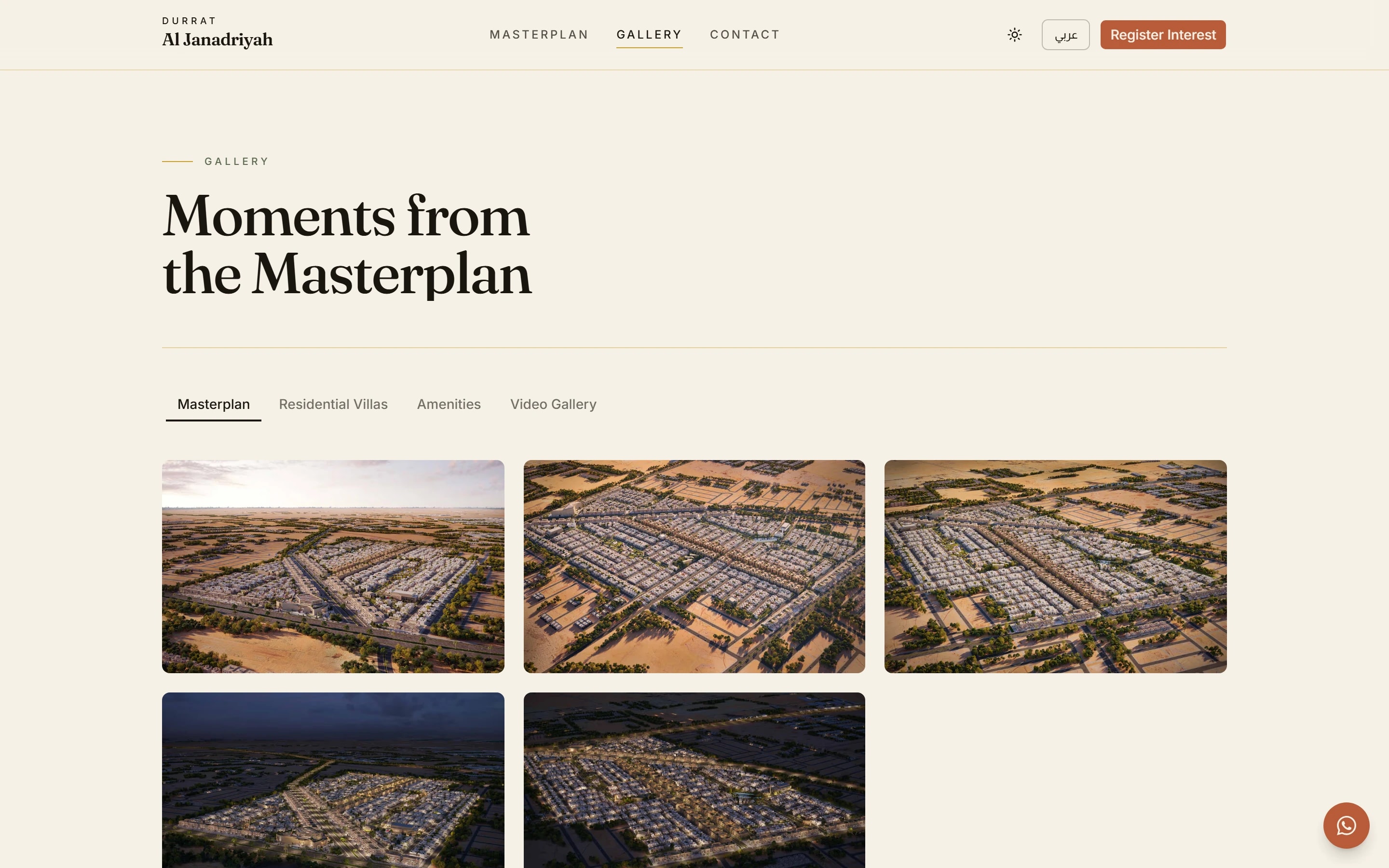 The gallery: tabs for the masterplan, villas, amenities and video above a grid of aerial renders.