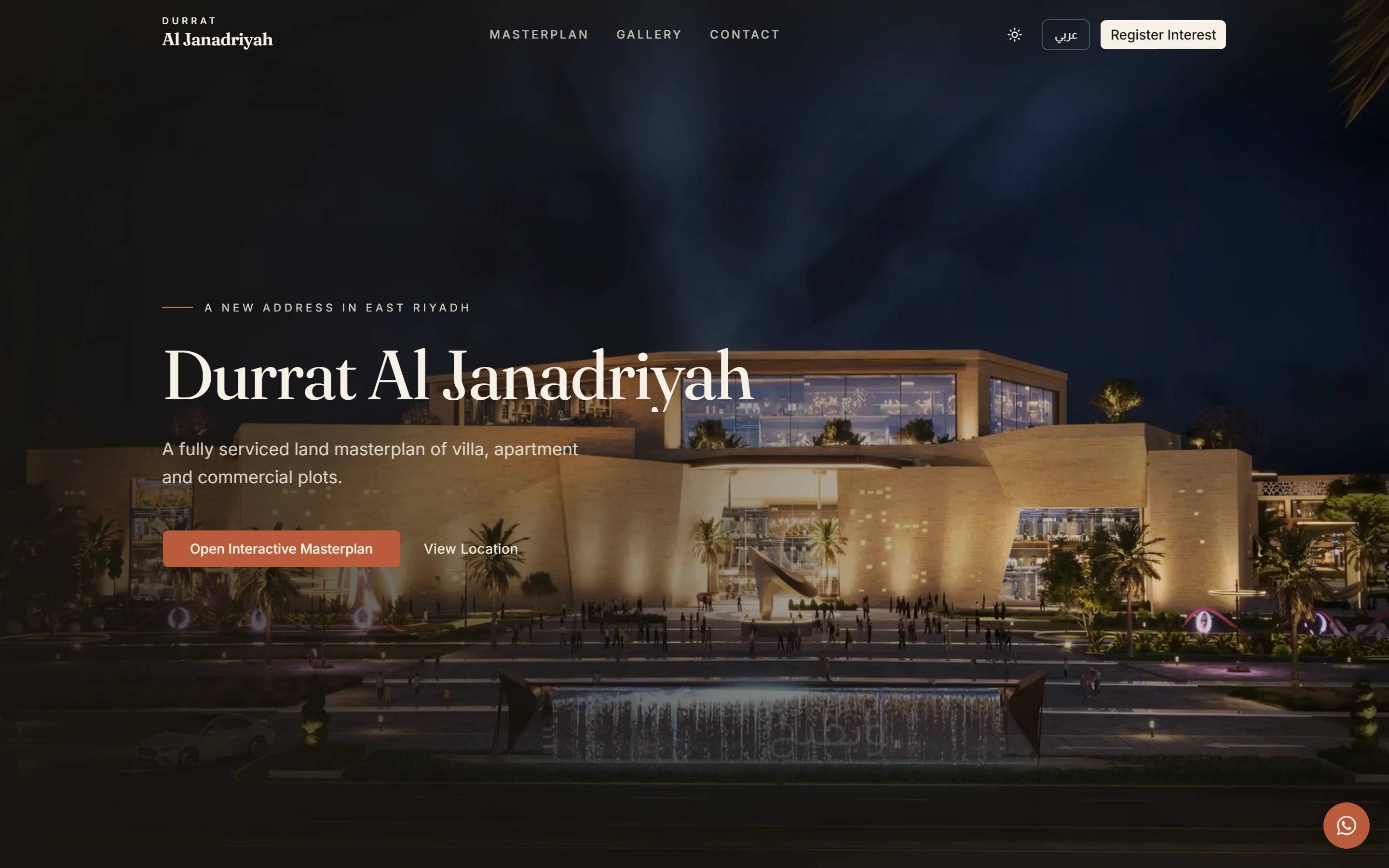 The Durrat Al Janadriyah home page: the brand film on the commercial center at night, with the title and an “Open Interactive Masterplan” button.