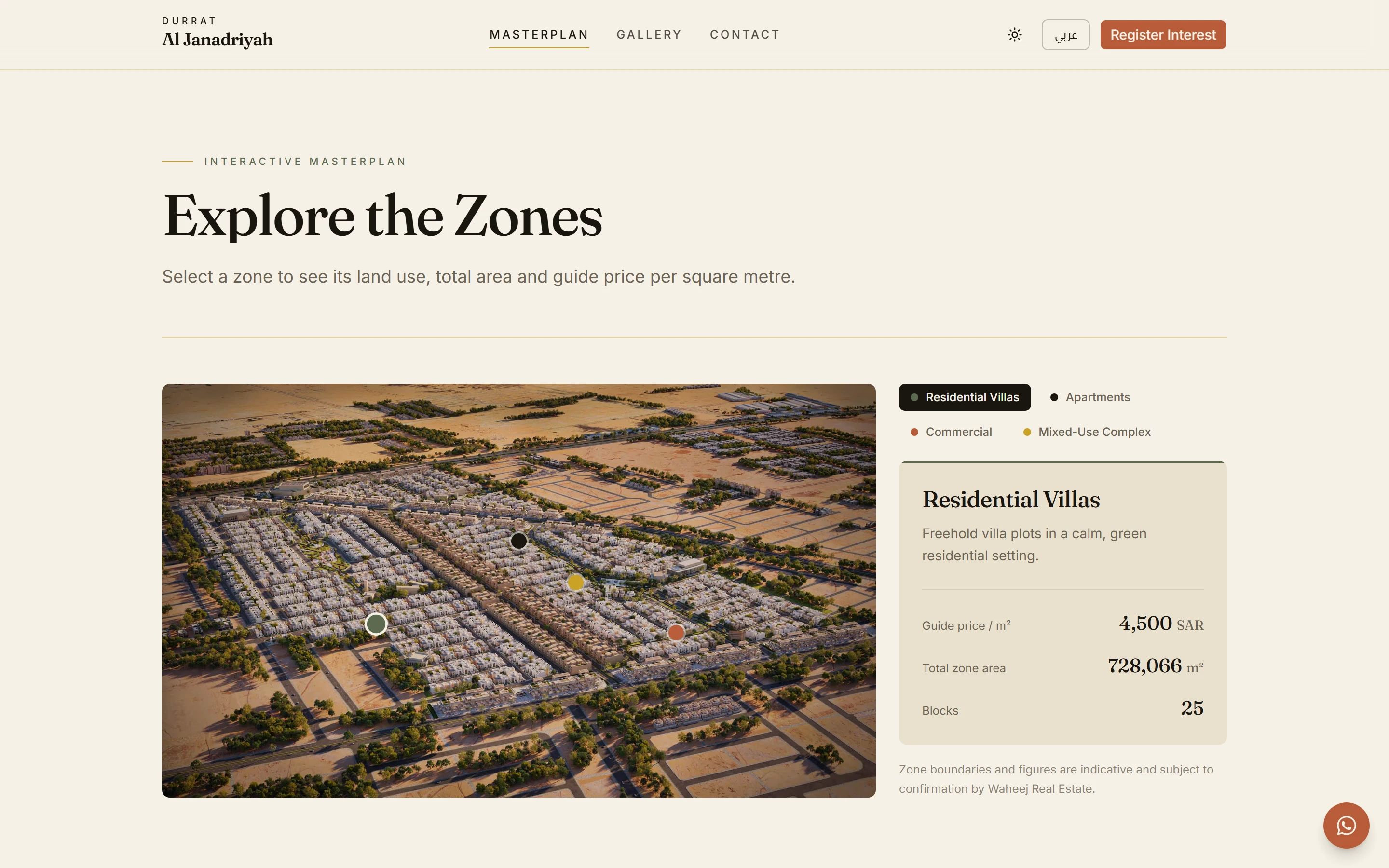 The masterplan explorer: an aerial render with four color-coded zone markers, beside the selected zone’s guide price per square meter, area and number of blocks.