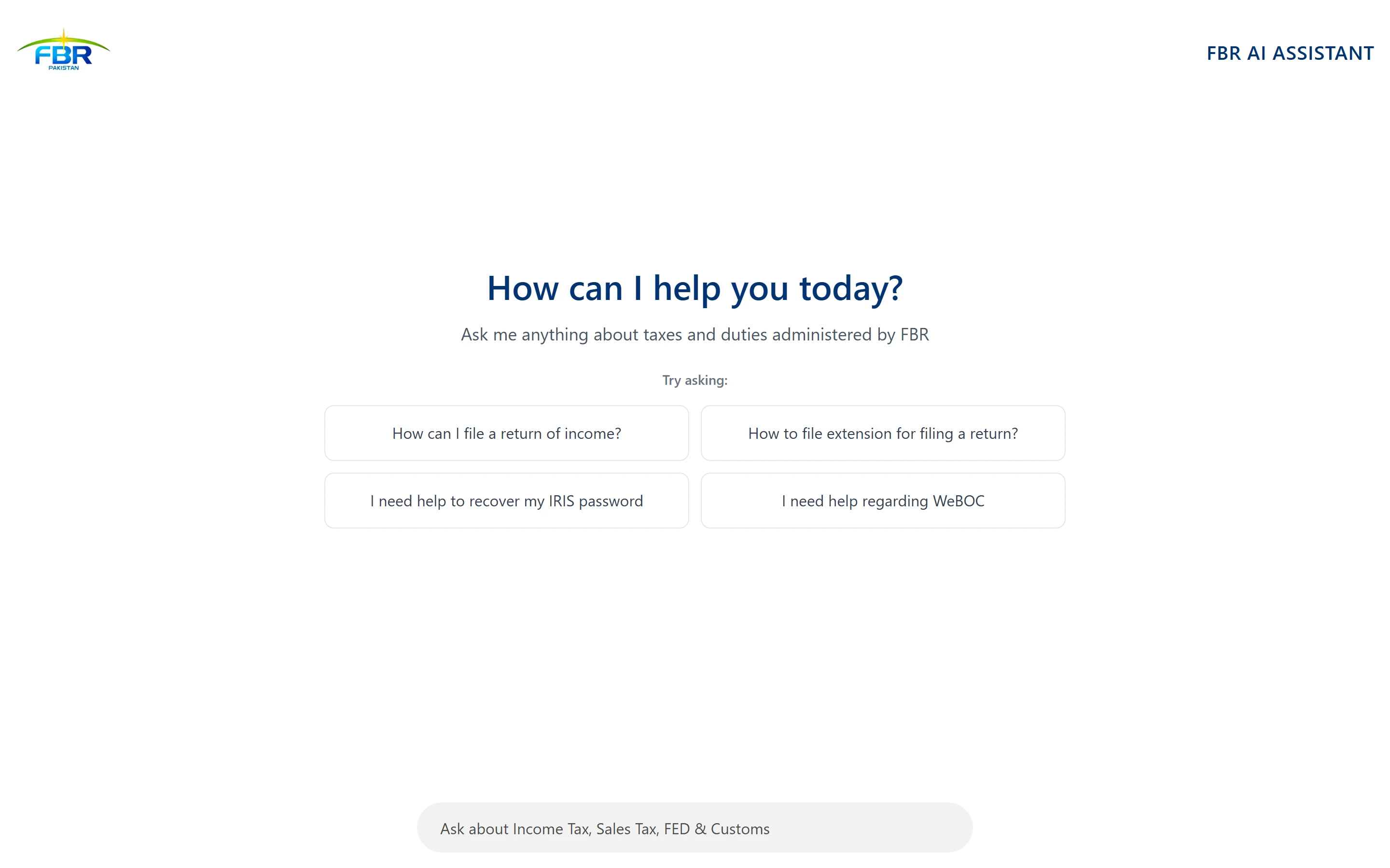 A new chat asking “How can I help you today?”, with four suggested tax questions above the message box.