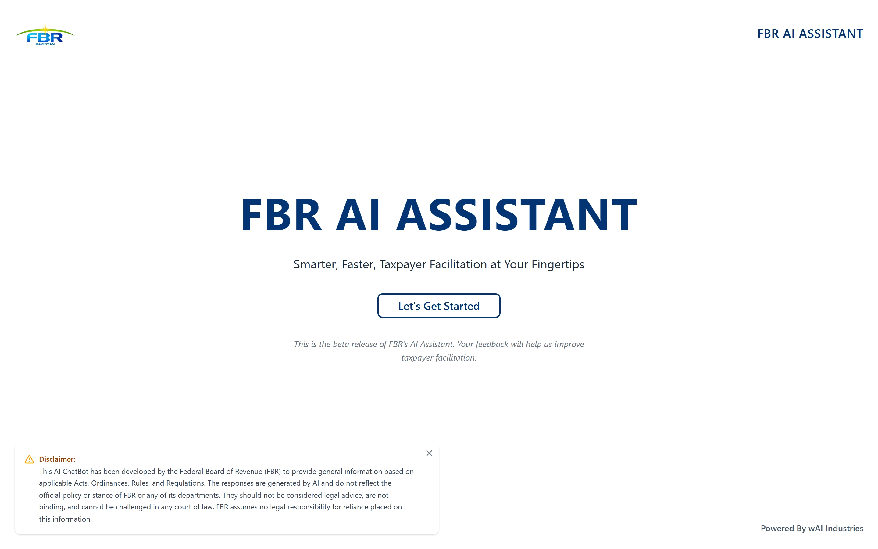 The FBR AI Assistant welcome page: the title, a “Let’s Get Started” button and the legal disclaimer.