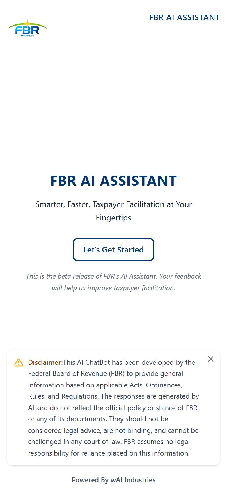 The welcome page on a phone, with the full disclaimer.