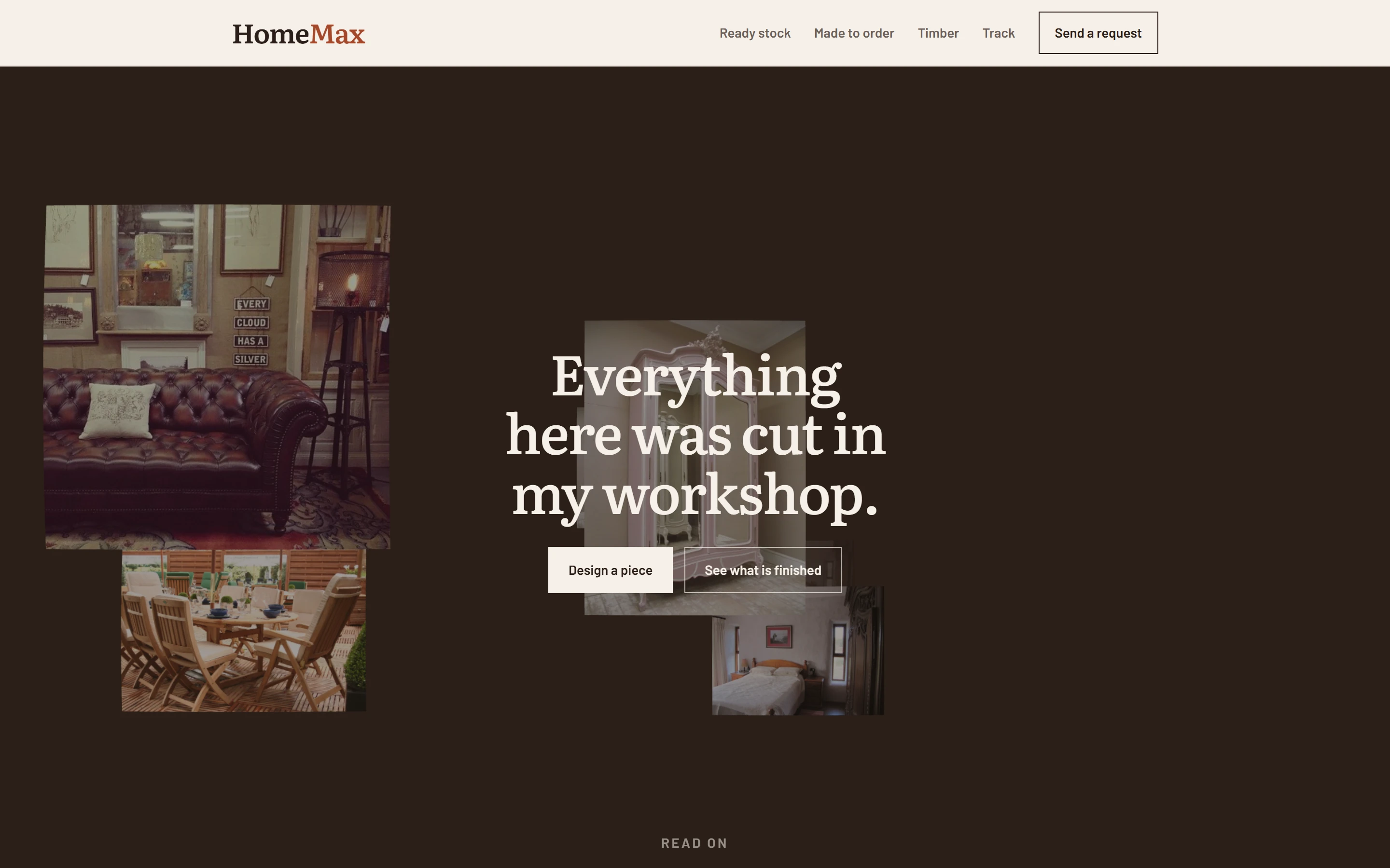 The HomeMax home page: furniture photos drifting in 3D behind the line “Everything here was cut in my workshop.”
