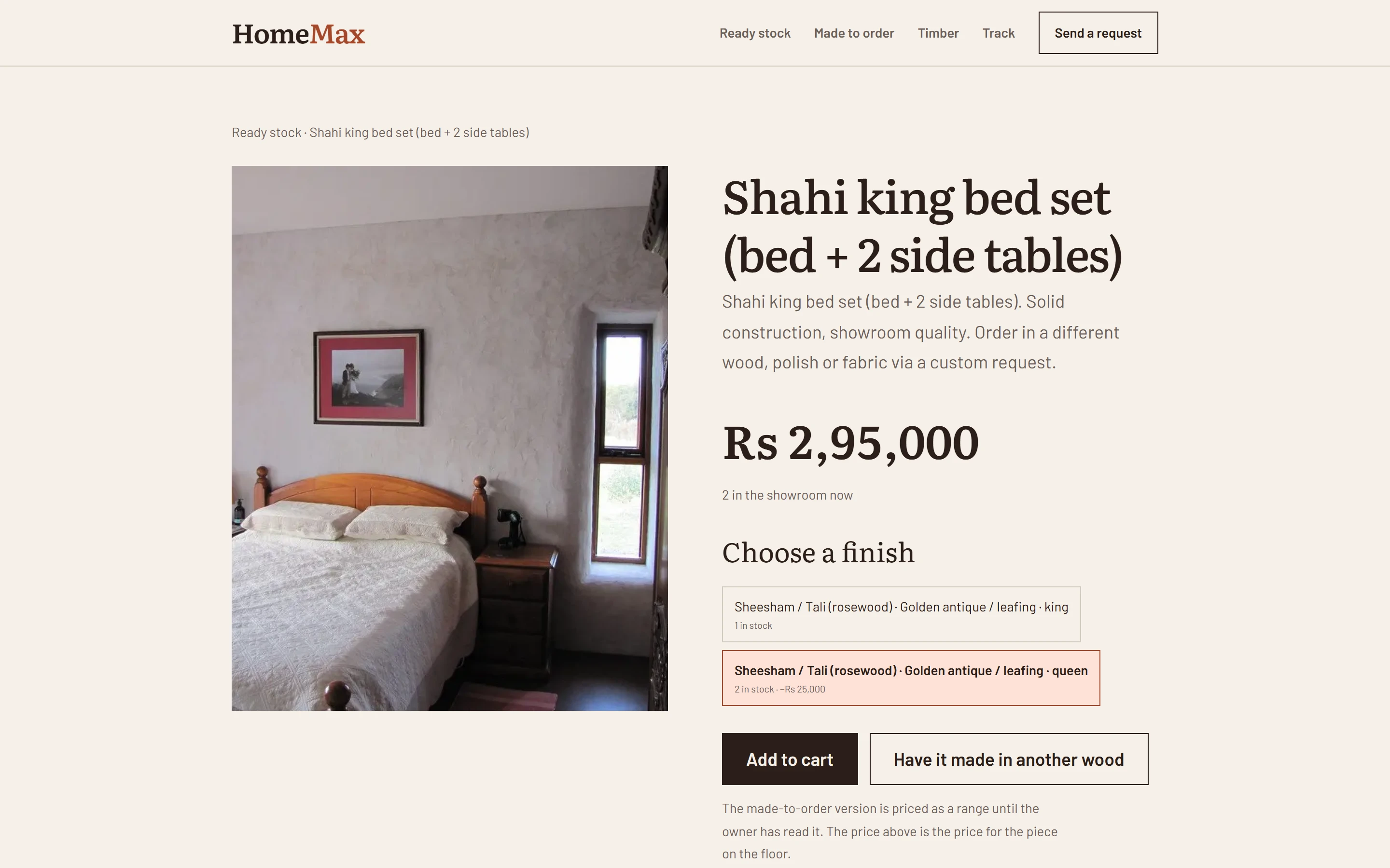 A product page for a king bed set, with its price, how many are in the showroom and the finishes to choose from.