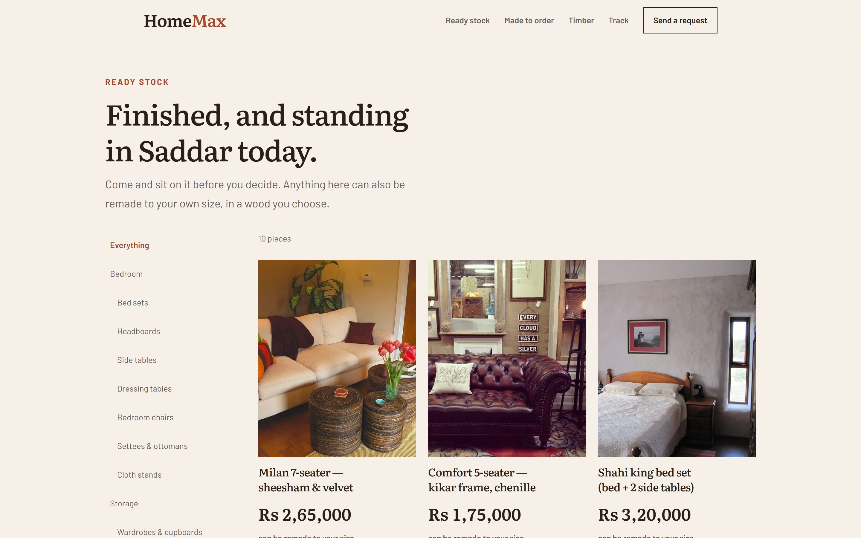 The ready-stock shop: a list of categories beside furniture cards priced in rupees.