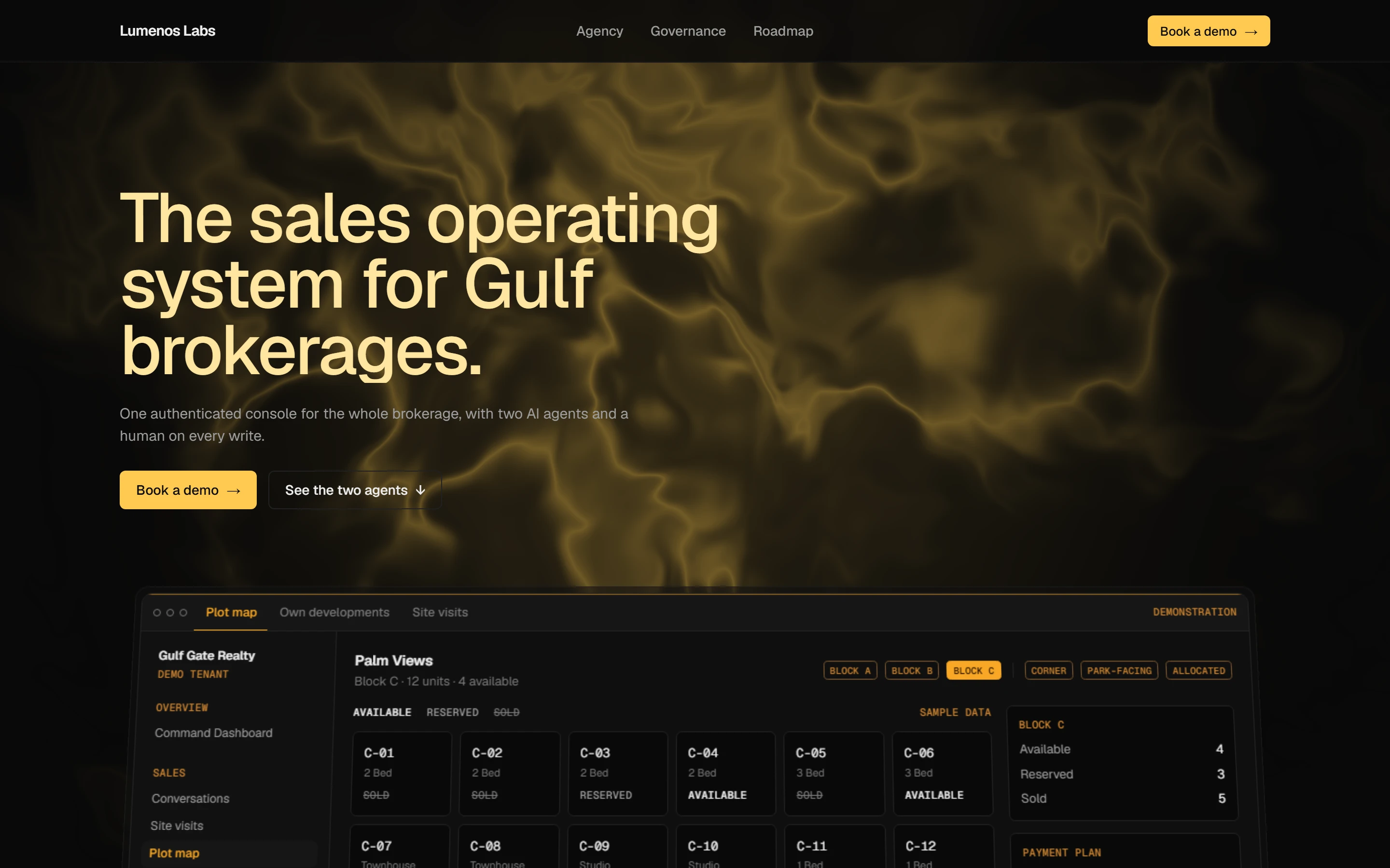 The Agency page: “The sales operating system for Gulf brokerages.” above a map of available, reserved and sold units.