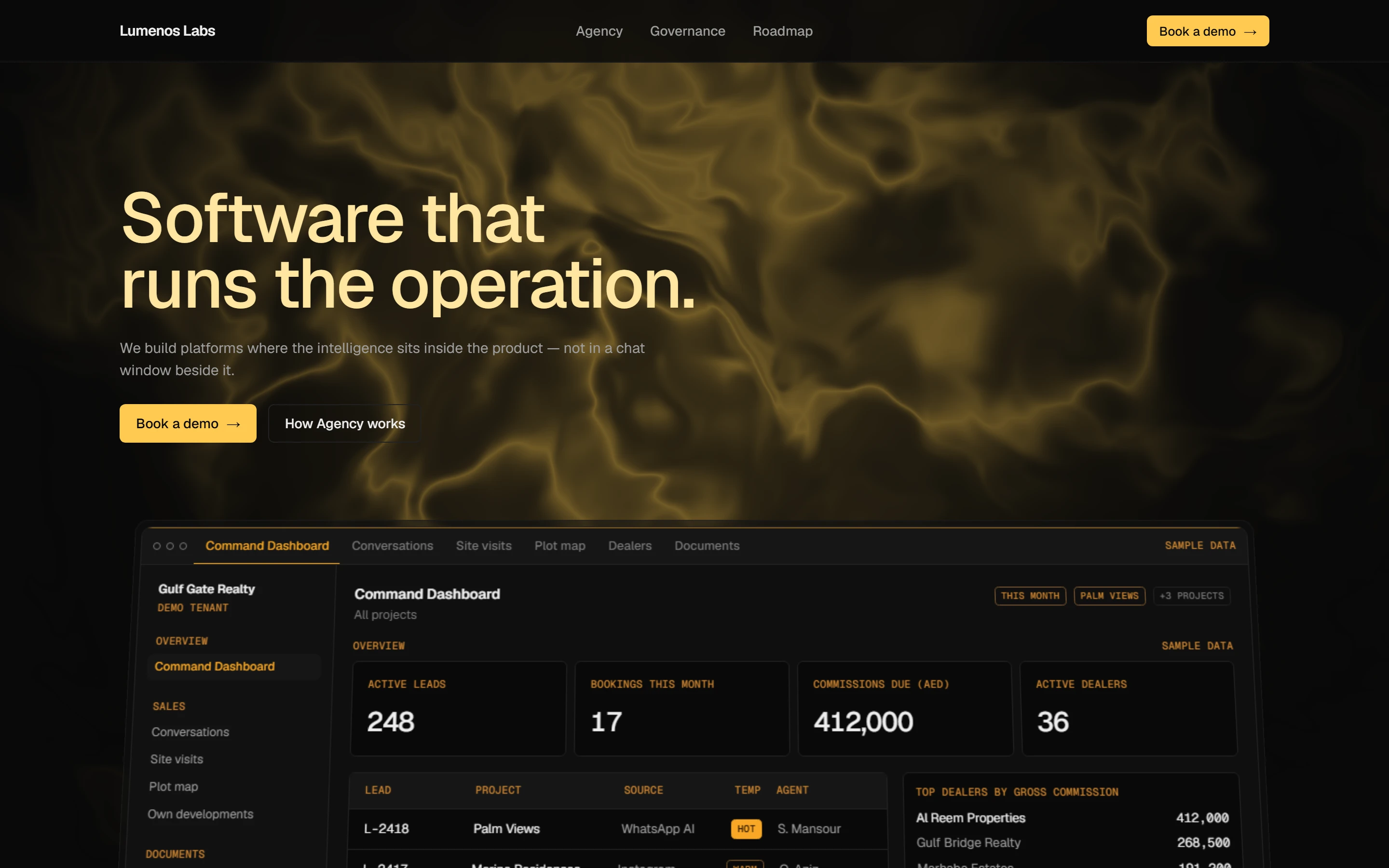 The Lumenos Labs home page: “Software that runs the operation.” over a moving amber light, above a tilted product dashboard.