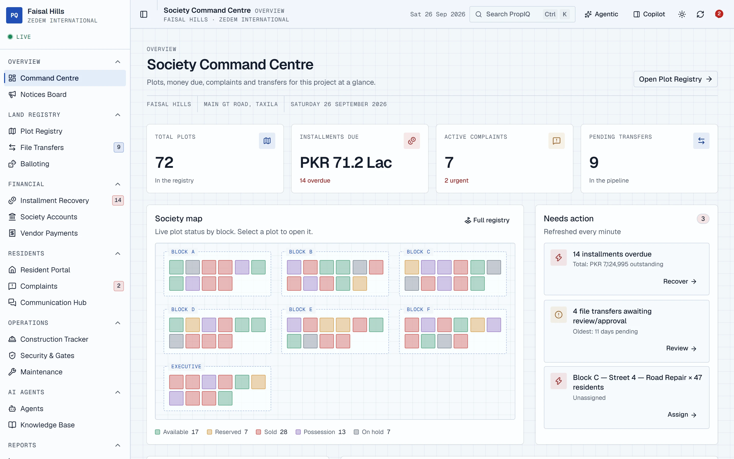 The Command Centre: totals for plots, money due, complaints and transfers, a color-coded map of the society’s plots, and a list of tasks that need action.