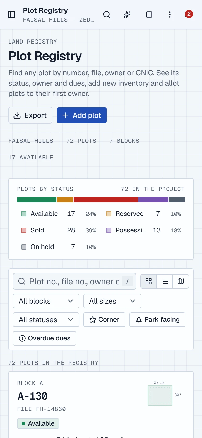 The plot registry on a phone.