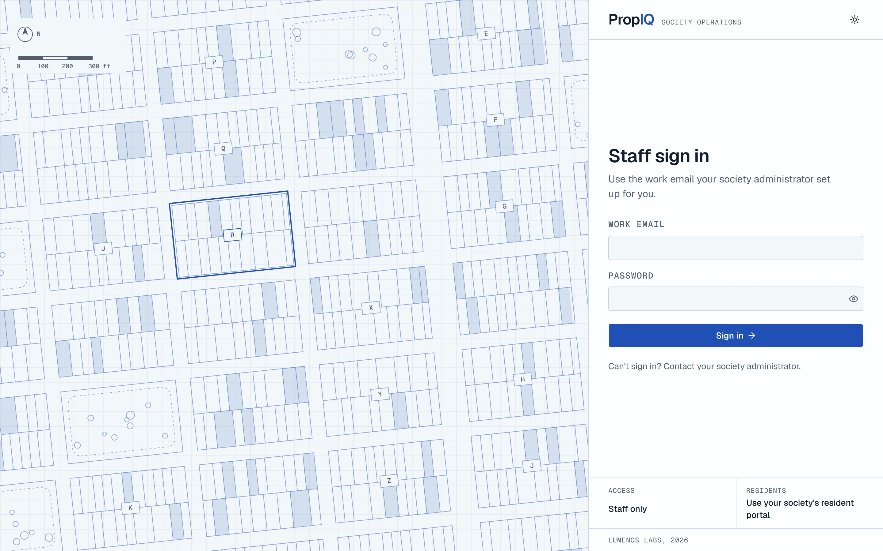 The staff sign-in page beside a drawn site plan of housing blocks.