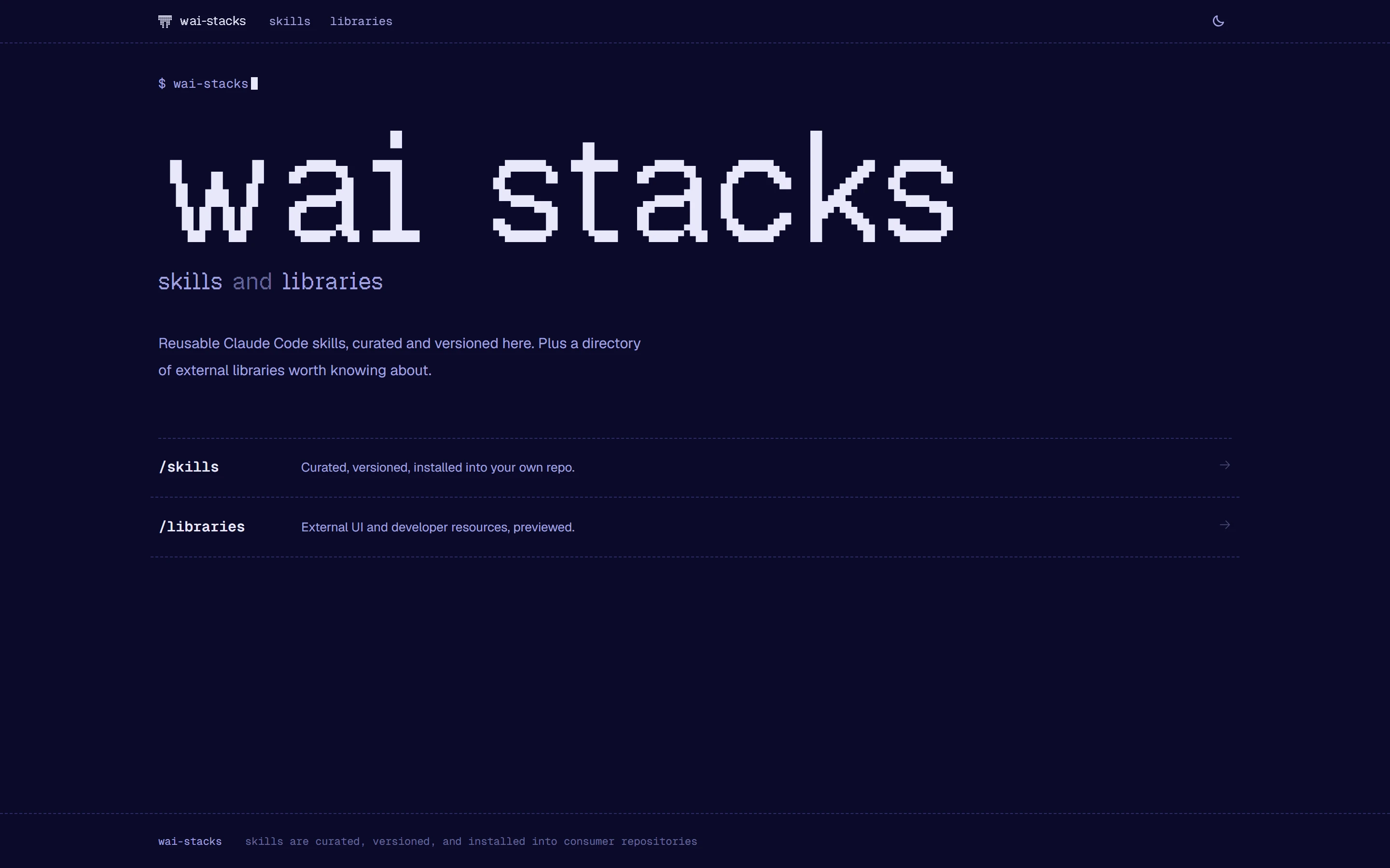 The same home page in the dark theme: pale lavender type on a deep navy background.