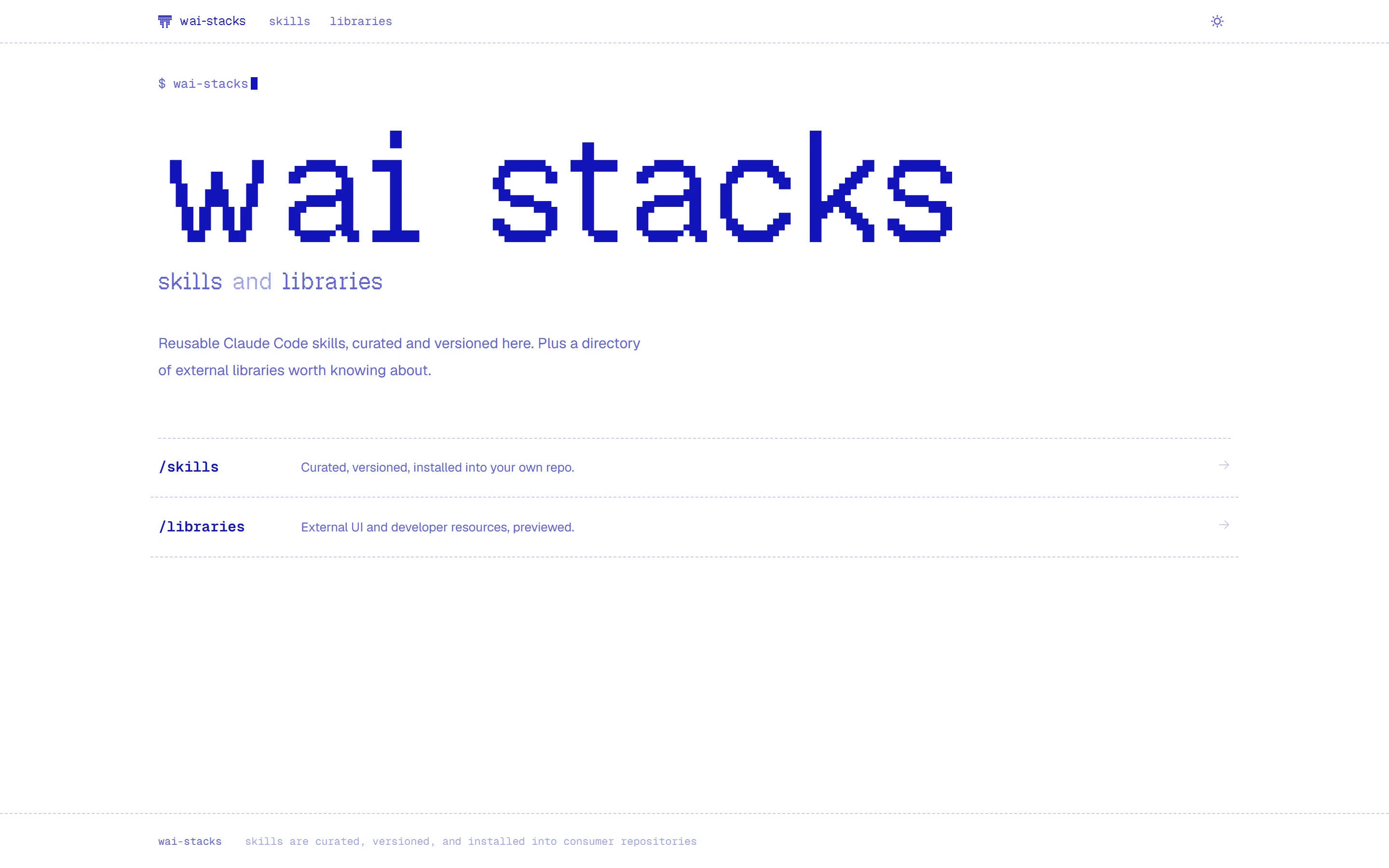 wai-stacks home page: a pixel-type “wai stacks” wordmark in deep blue on white, with links to the skills and libraries sections.