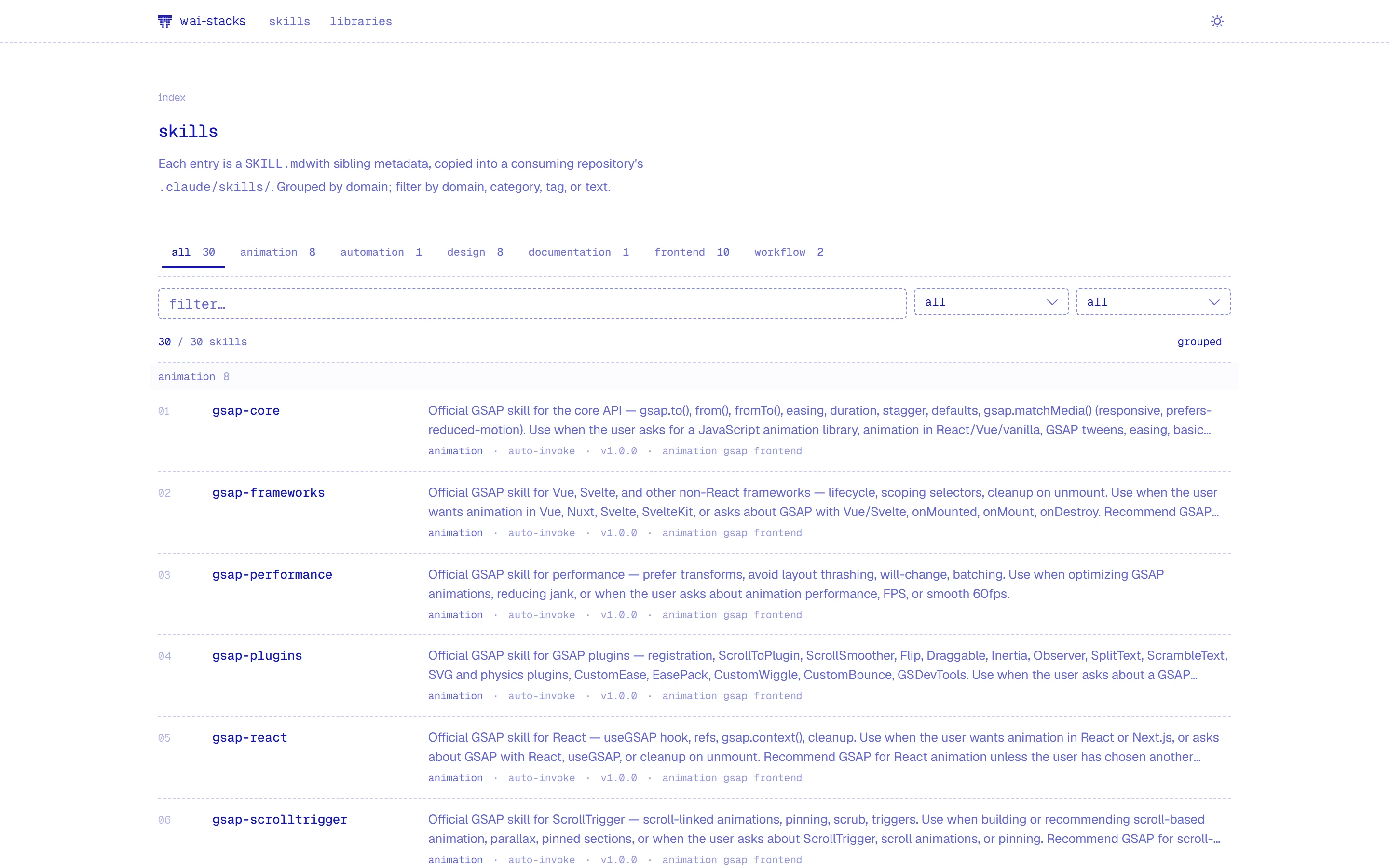Skills index: domain tabs with counts, a text filter and dropdowns, and numbered skill rows with descriptions and tags.