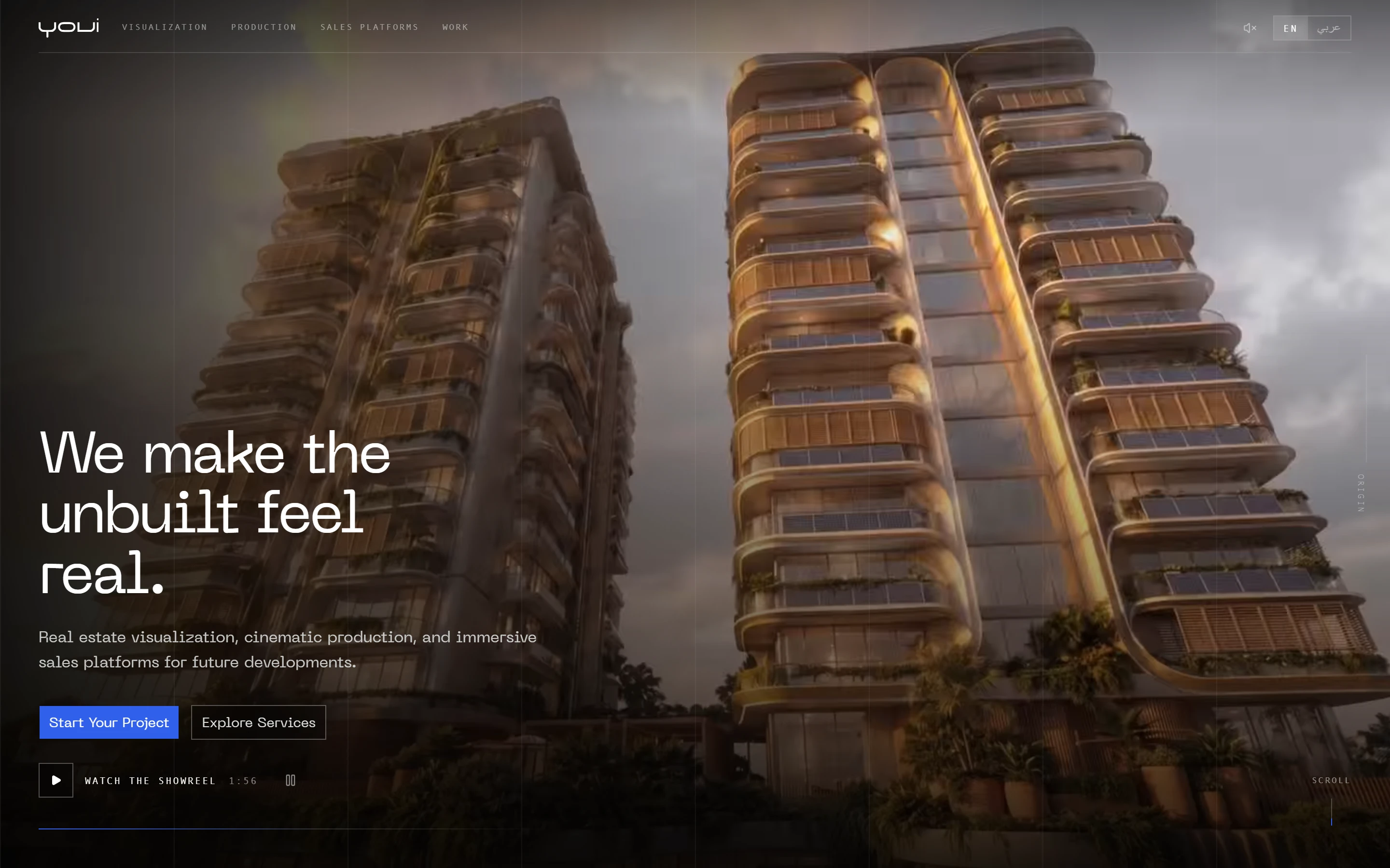 The YOVI home page opening on its showreel: two towers at golden hour behind the headline “We make the unbuilt feel real.”