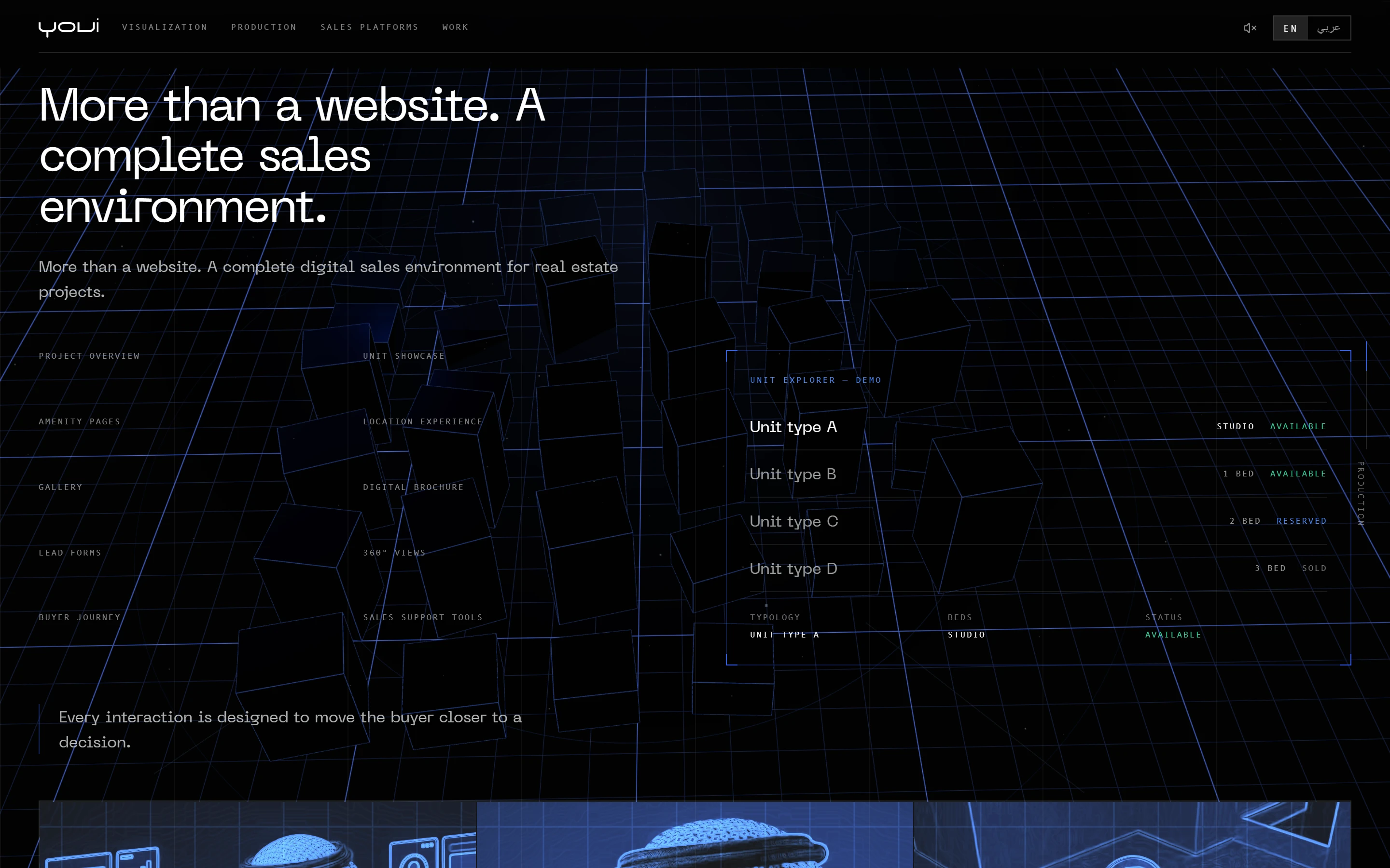 A unit explorer demo listing unit types, bedrooms and availability over a 3D city of blocks.