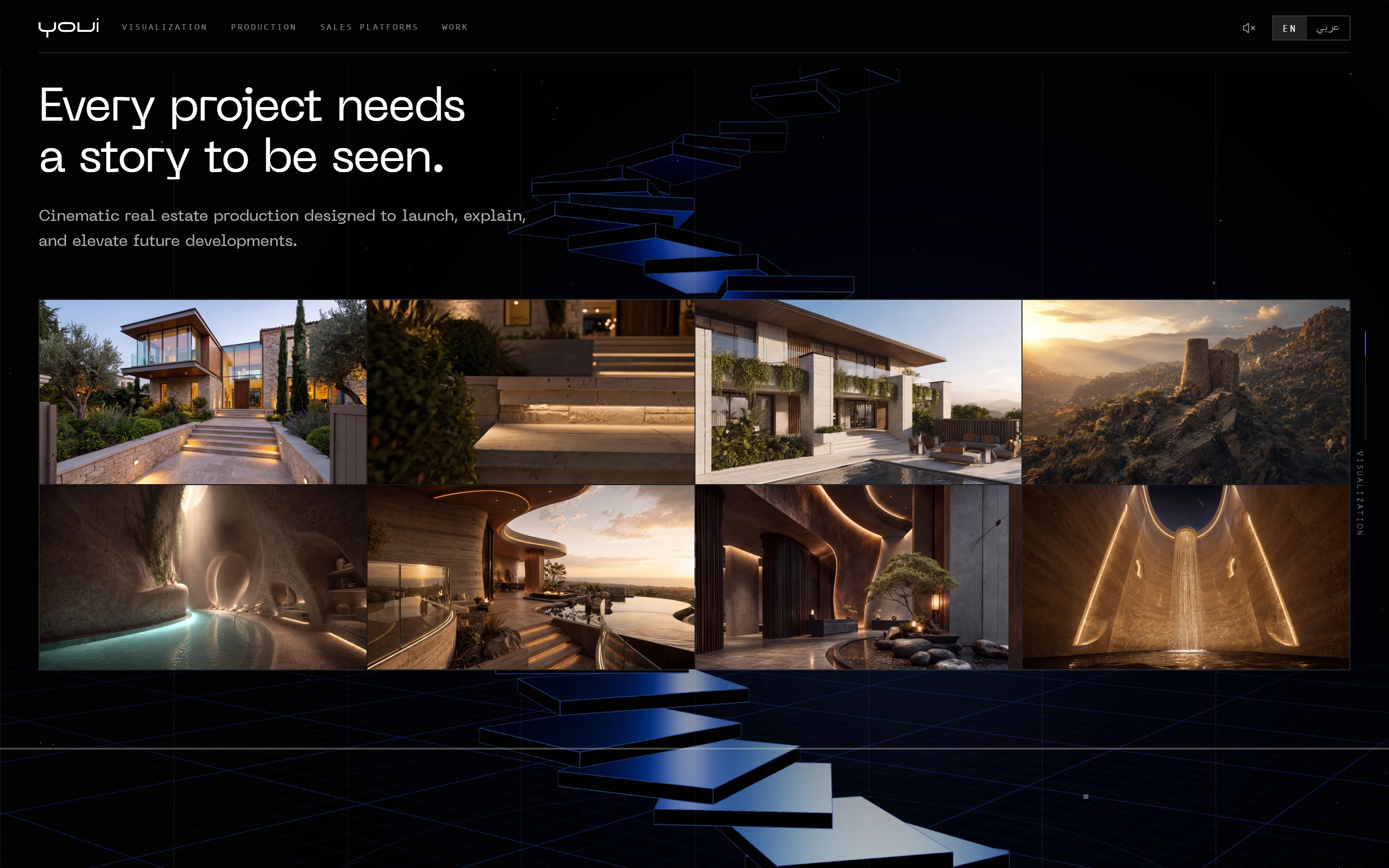 A grid of eight property films under “Every project needs a story to be seen.”, over floating 3D slabs.